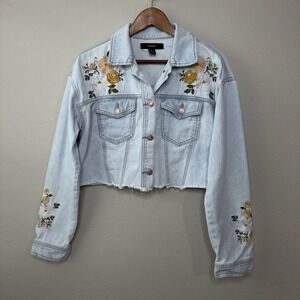 Y2K Forever 21 Women M Jacket LightWash Denim Embroidered Floral Retro Boho Crop